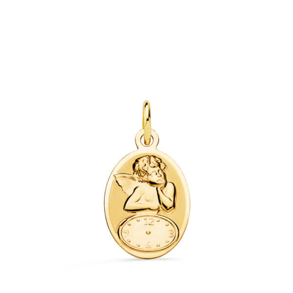 18K MEDALLA OVAL ANGELITO BURLON CON RELOJ BRILLO Y MATE. 19 X 12 MM