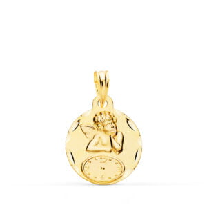 18K MEDALLA REDONDA ANGELITO BURLON CON RELOJ TALLADA. 15 MM