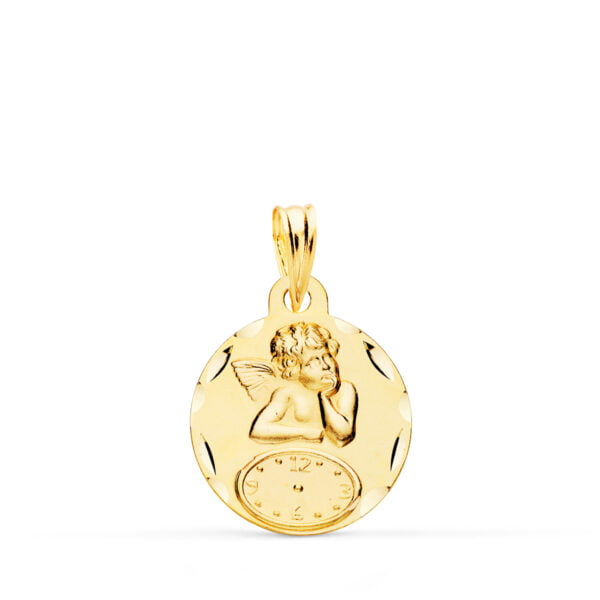 9K MEDALLA REDONDA ANGELITO BURLON CON RELOJ TALLADA 15 MM