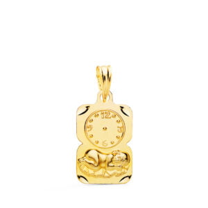 9K MEDALLA RECTANGULO NIÑO DE LA HORA CON RELOJ TALLADA 19X11 MM