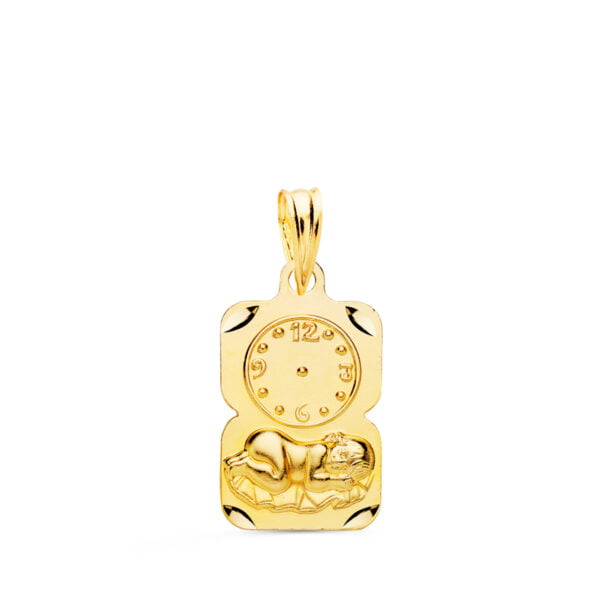 9K MEDALLA RECTANGULO NIÑO DE LA HORA CON RELOJ TALLADA 19X11 MM