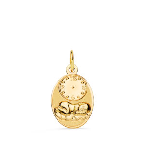 18K MEDALLA OVAL NIÑO DE LA HORA CON RELOJ BRILLO Y MATE. 19 X 12 MM