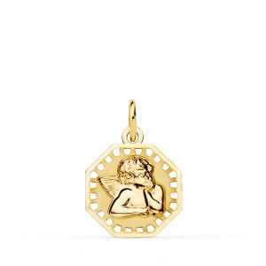 18K MEDALLA OCTOGONAL ANGELITO BURLON BRILLO Y MATE. 14 X 14 MM
