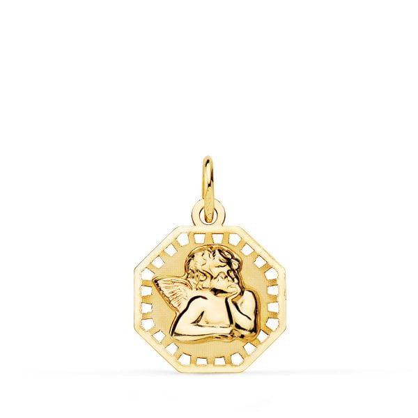 18K MEDALLA OCTOGONAL ANGELITO BURLON BRILLO Y MATE. 14 X 14 MM