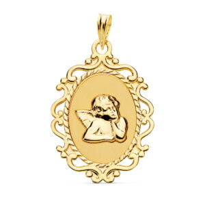 18K MEDALLA ANGEL BURLON BRILLO Y CERCO CALADO 23 X 16 MM