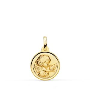18K MEDALLA ANGEL NIÑO BURLON CON PAJARO BISEL 14 MM