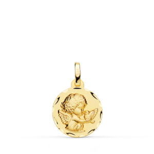 9 KTES MEDALLA ORO AMARILLO REDONDA ANGELITO BURLON Y PALOMA TALLADA. 14 MM.