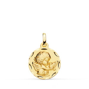 18K MEDALLA ANGELITO BURLON CON PALOMA TALLADA 16MM