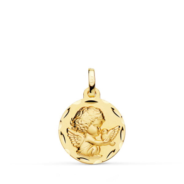 18K MEDALLA ANGELITO BURLON CON PALOMA TALLADA 16MM