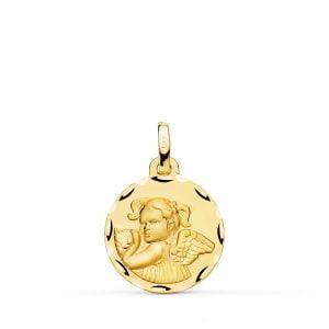 18K MEDALLA ORO AMARILLO ANGEL NIÑA REVOLTOSA TALLADA. 16 MM