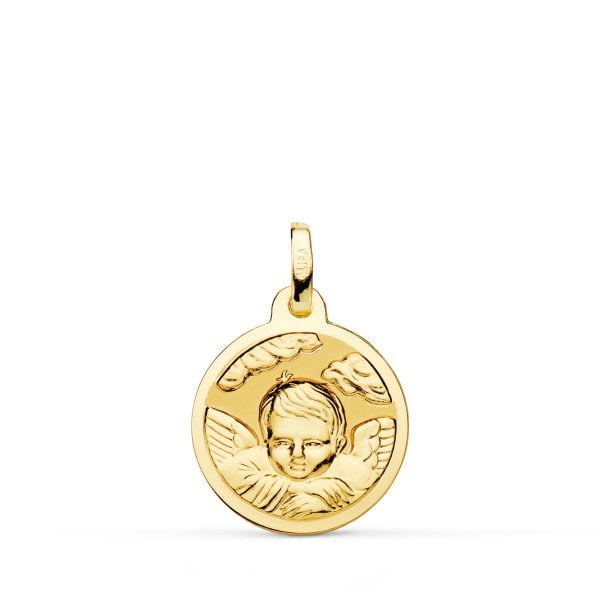 18K MEDALLA ORO AMARILLO ANGEL NIÑO EN LA NUBE BRILLO. 16 MM