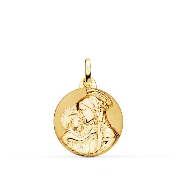 18K MEDALLA VIRGEN MADRE DIVINA TERNURA BRILLO Y MATE. 18 MM