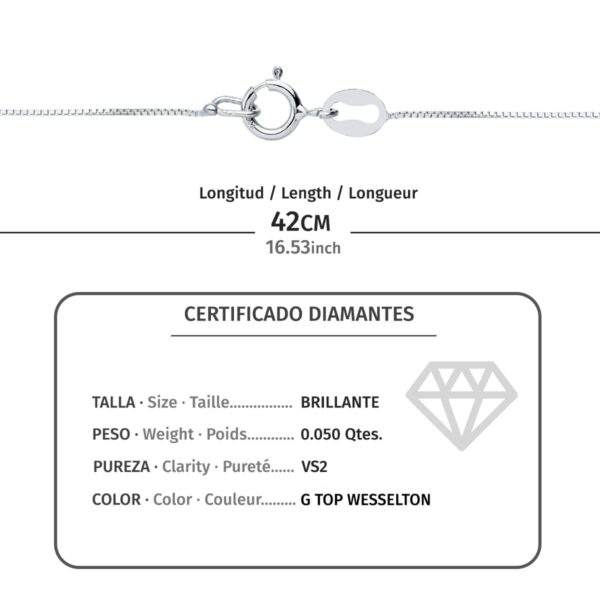 18K GARGANTILLA ORO BLANCO ROMBO DIAMANTE 0.050 QTS. G-VS2. CADENA 42 CM - Imagen 2